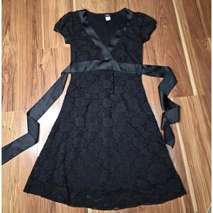 Vtg Vanity Midi Dress Juniors Medium Y2k Black Lace Floral Empire Waist Bow 90s